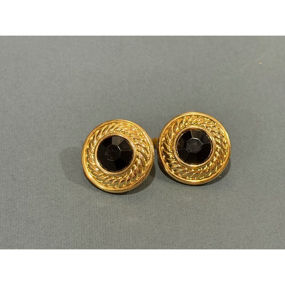Vintage Rope Border Round Gold Tone Earrings Black Acrylic Center Faceted
